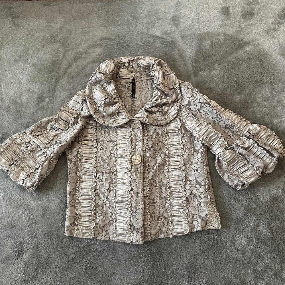 IC By Connie K Artsy Lace Satin Jacket Cardigan Ruffled MEDIUM Sequins